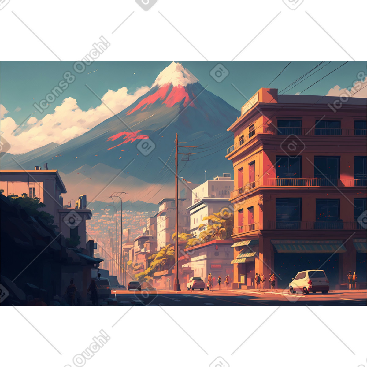 3D city surrounded by mountains background illustration in Experimental style download in PNG, SVG