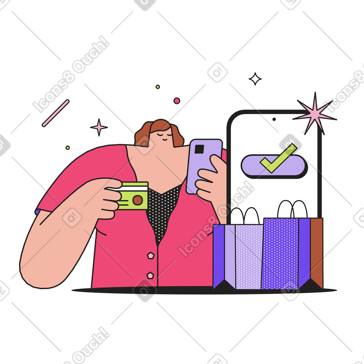 下载 Dazzle 风格的 Mobile payment confirmation, online shopping and e-commerce 插画，支持 PNG、SVG 格式