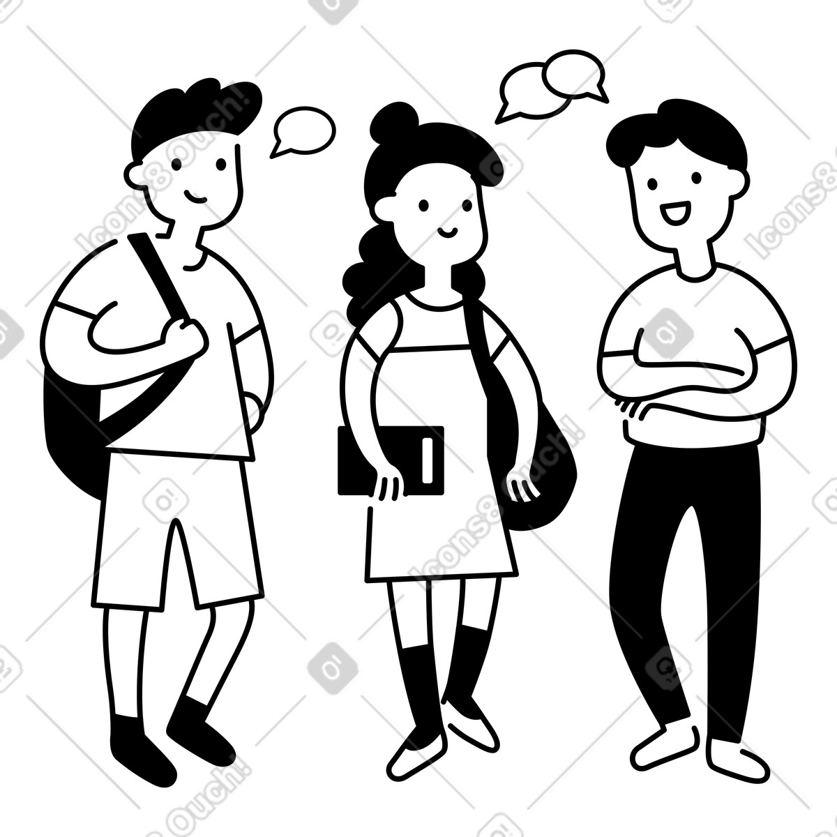 Students talking together with speech bubbles and shoulder bags-Illustration im Notion Line Art-Stil als Download in PNG, SVG