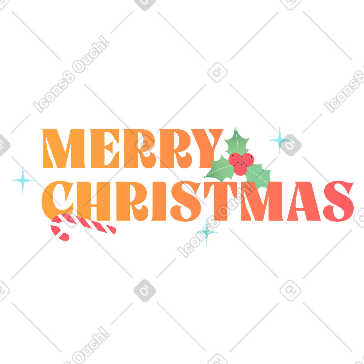 Ilustración Merry Christmas text with holly and candy cane, Holiday greeting en estilo Florid a descargar en PNG y SVG