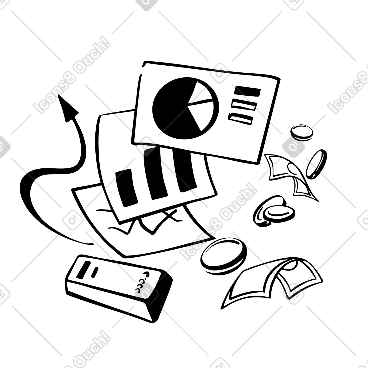 Financial charts with cash and gold bar, Investment and wealth management illustration in PNG, SVG