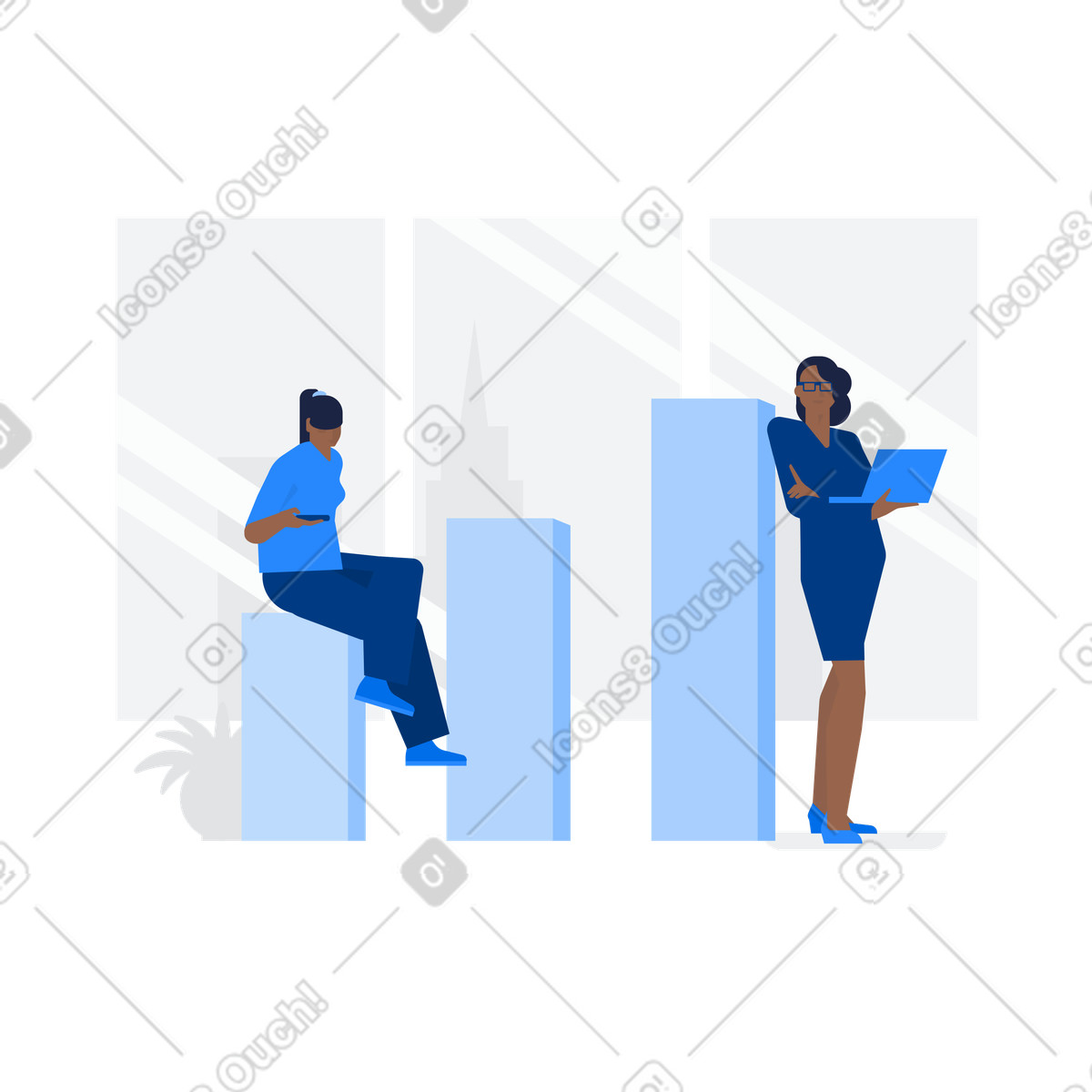 Urban スタイルの ビジネス分析の背景に対する2人の女性マーケター のイラストをPNG、SVG形式でダウンロード