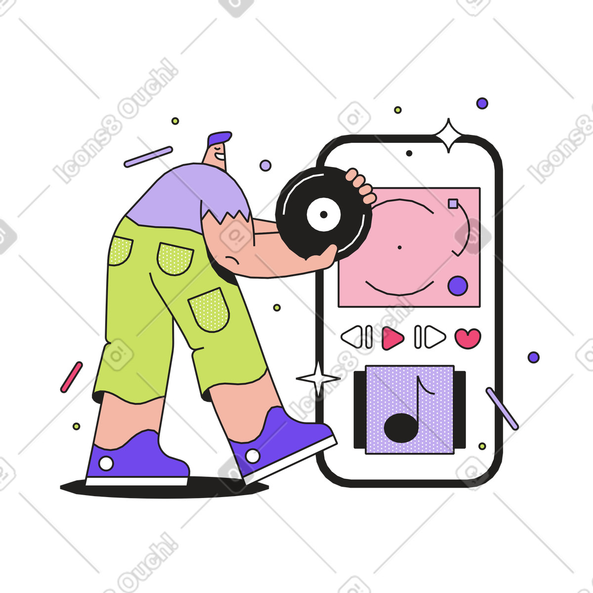 Illustration Music lover using app on phone, Playlist management dans le style Dazzle à télécharger aux formats PNG, SVG