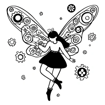 A fairy with intricately designed clockwork wings is hovering in mid-air. Her wings are made of various metal components, featuring exposed cogs and gears that glimmer in the light. Surrounding her are floating gears of different sizes, some are intricate, while others are large and simple. The background includes a mix of mechanical elements, suggesting a fantastical mechanical world. The fairy's attire is adorned with tiny metallic embellishments that complement the steampunk theme.