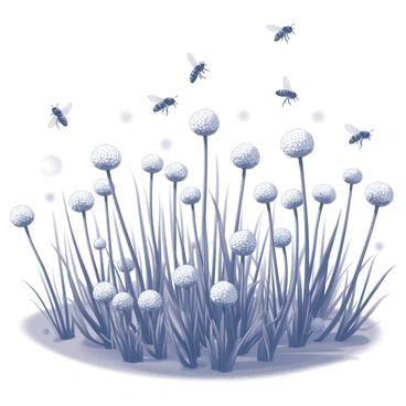 A field filled with chive plants, each topped with round clusters of small white flowers. Numerous bees are in motion, flying around the flowers with their delicate wings extended. The bees are depicted in various poses, some hovering close to the flowers, while others are landing on the blossoms. The scene includes a bright sun shining down, creating distinct shadows on the ground and illuminating the flowers. The composition captures the lively interaction between the bees and the chive flowers in the expansive field.