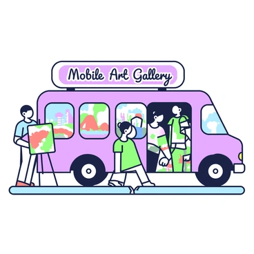 A cartoon bus is depicted as a mobile art gallery, showcasing various paintings inside. The bus has large, open windows, allowing a clear view of the vibrant artworks. Inside the bus, there are multiple easels displaying colorful canvases, each featuring different artistic styles. Some paintings are abstract, while others portray landscapes and portraits. The bus is parked on a city street, with people standing outside, gazing in with expressions of curiosity and admiration. Above the bus, a large sign reads "Mobile Art Gallery" in playful font. The scene conveys a lively atmosphere, inviting art enthusiasts to step inside.