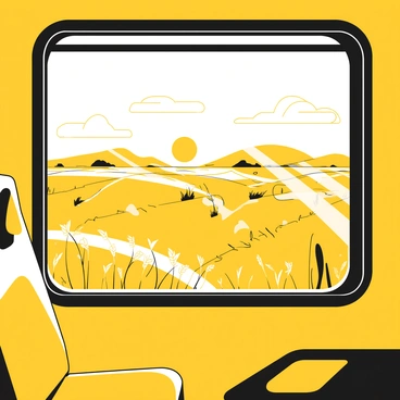 A train window frames a view of expansive fields bathed in soft light. The horizon is marked by a rising sun, casting a warm glow across the landscape. The fields are open and filled with various patterns of crops and grass, gently swaying in the breeze. The interior of the train is visible, showcasing a seat and the metal frame of the window. Reflections on the glass create a subtle interplay between the outside world and the train's interior.