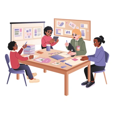 A digital flat illustration showing a diverse group of students collaborating on a group project at a wooden classroom table. There are four students: a girl with curly black hair and glasses on the left, working on a colorful poster with markers, and a boy with short brown hair in a red shirt next to her, holding a tablet. On the right, a girl with straight blonde hair in a blue sweater is stacking books and papers, while a boy with dark skin and a green hoodie is cutting out shapes from colored paper. The table is cluttered with various art supplies, including scissors, glue, crayons, and textbooks. The classroom has a bulletin board in the background filled with drawings and projects.