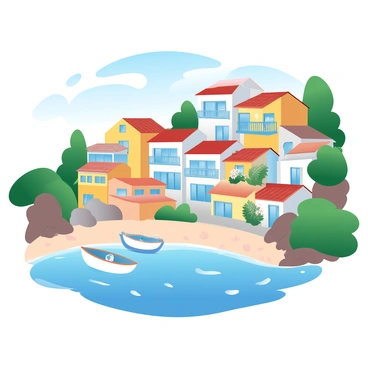 A Mediterranean seaside village features colorful houses with vibrant hues, such as bright yellows, soft blues, and warm oranges, stacked closely together on a hillside. The houses have terracotta roofs, and some have balconies adorned with blooming flowers. Below, the deep blue sea glistens under a clear sky, with gentle waves lapping at the shore. In the foreground, there are small boats anchored along the sandy beach. Lush green vegetation surrounds the village, adding to the picturesque scenery.