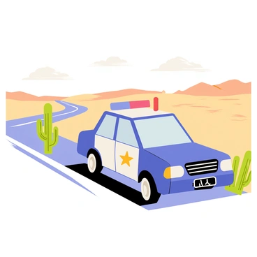 A cartoon-style illustration of a 3D police car with a shiny blue and white exterior, featuring a bright red and blue light bar on top. The police car is depicted with exaggerated speed lines to emphasize its rapid movement. It is driving down a long, straight highway surrounded by vast stretches of dry, sandy desert. The sky is clear with a few fluffy white clouds. Cactus plants are scattered alongside the road, and the sun casts distinct shadows on the ground.