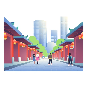 A historic street lined with traditional Chinese architecture is in the foreground. Cobblestone pathways are visible, and red lanterns dangle from wooden eaves. In the background, a modern skyline of Beijing features towering skyscrapers made of glass and steel, reflecting sunlight. The contrast between the old and new is striking, with the ornate details of the historic buildings juxtaposed against the sleek lines of the skyscrapers. A few pedestrians stroll along the street, dressed in contemporary attire, adding to the scene's dynamic contrast.