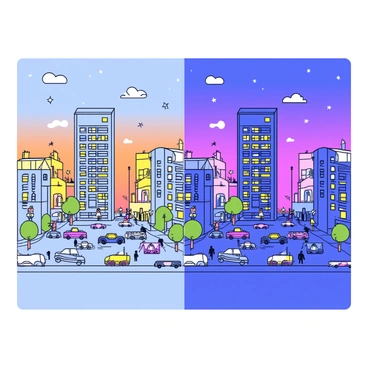 A city's skyline transitioning from daylight with bustling activity to a peaceful night with twinkling lights