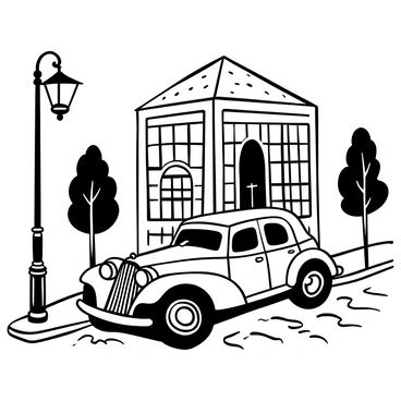 A vintage car parked on a cobblestone street with intricate details on its body. The car has elegant curves and chrome accents, showcasing classic design elements. Surrounding the car are charming streetlamps with ornate bases and a line of trees along the sidewalk. A brick building with large windows is in the background, adding to the nostalgic atmosphere. The ground is slightly wet, reflecting the car and the surroundings, enhancing the scene's depth.