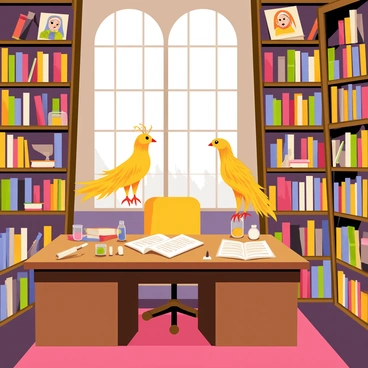 A cartoon-style illustration of "Dumbledore's office" filled with various "curious gadgets" and magical artifacts. The room features towering bookshelves filled with colorful books and scrolls. In the center, there is a large wooden desk cluttered with "potion vials", "quills", and an "ancient manuscript". A "golden phoenix" is perched on a nearby windowsill, its bright feathers shimmering in the light. The walls are adorned with "magical portraits" that appear to be watching the scene with lively expressions. Soft, warm light spills in through the tall windows, illuminating the enchanting atmosphere of the office.