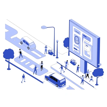 A busy street is filled with people walking and interacting. On one side of the street, there is a large holographic billboard that displays animated advertisements. The billboard showcases various animated products, with dynamic graphics and moving text. Pedestrians are looking up at the billboard, some pointing and others taking pictures. Vehicles are passing by, and there are trees lining the street, contributing to a bustling urban atmosphere. Streetlights are positioned along the sidewalk, illuminating the scene.