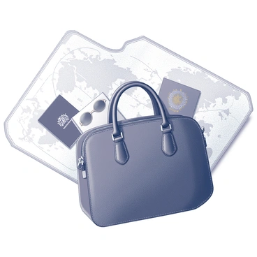 A "Chanel bag" is positioned prominently, showcasing its iconic design with distinct stitching and the signature logo displayed. The bag is slightly open, revealing various travel essentials inside. Among them, a "passport" is visible alongside a pair of "sunglasses" resting on top of neatly packed items. The background features a detailed "map" spread out, showcasing various geographical lines and markings, providing a sense of travel and adventure. The scene is carefully arranged to highlight the elegance of the bag and the practicality of the travel essentials within.