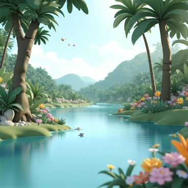 A tropical river, wide and flowing, meanders through a vibrant rainforest. The water is clear, reflecting the green of the surrounding foliage. Towering trees, with thick trunks and broad leaves, line the riverbanks, their branches reaching out over the water. Colorful flowers, in shades of red, yellow, and purple, dot the landscape, adding splashes of color. In the background, there are distant hills covered in dense vegetation, while small birds with bright plumage flit between the branches. Sunlight filters through the canopy, creating dappled patterns on the forest floor.