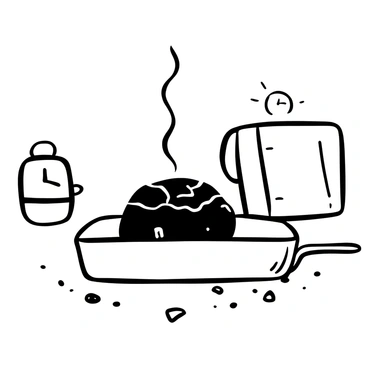 A blackened cake sits in a baking pan, surrounded by a wispy trail of smoke rising into the air. The surface of the cake is charred and cracked, with dark, uneven edges. Small burnt crumbs are scattered around the pan. The oven door is slightly ajar, revealing the heating element glowing red in the background. A faint outline of a kitchen timer can be seen on the counter, indicating that time has expired.