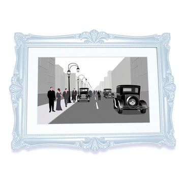 A black and white photograph captures a bustling street scene from the 1920s, featuring elegant men and women in period attire walking along the sidewalk. Vintage cars are parked along the curb, and classic street lamps line the road. The photograph is displayed in a delicate silver frame with intricate floral patterns. The frame reflects light subtly, adding a touch of elegance to the overall composition.