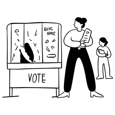 A woman standing in a polling booth casting her vote into a ballot box. She is holding a ballot paper with both hands, fully engaged in the act of voting. The polling station has a sign that reads "Vote Here" in bold letters. There are privacy dividers around her, and a few other voters are visible in the background, also participating in the voting process. The atmosphere conveys a sense of responsibility and community participation.