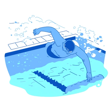 A blue swimmer is diving into a white pool, creating a large splash of water around them. The swimmer's arms are extended forward, and their body is in a streamlined position as they enter the water. The pool has rippling waves emanating from the point of entry, and droplets of water sparkle in the sunlight. The surrounding area of the pool is tiled in white, contrasting with the vibrant blue of the swimmer's swimsuit.