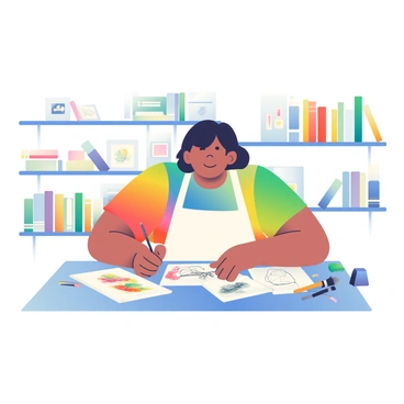 A student with short black hair is sitting at a table in a brightly lit classroom, focused on an art project. She is wearing a white apron over a colorful t-shirt and surrounded by various art supplies, including paints, brushes, and sketchbooks. On the table, there are several sketches demonstrating different art techniques, such as watercolor, charcoal, and ink. In the background, shelves are lined with finished artworks and reference books on art styles. The mood in the room is one of creativity and learning, with natural light illuminating the space.