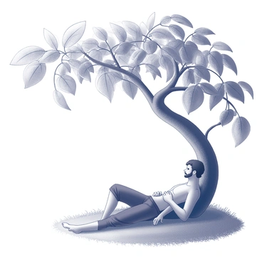 A thick vine stretches out over Jonah, casting intricate shadows on the ground. Jonah is reclining against a sturdy tree trunk, his body relaxed and at ease. Surrounding him are hints of a bustling city in the background, with faint outlines of buildings visible through the leaves. The ground beneath him is covered in soft grass, providing a comfortable resting spot. The vine's leaves are large and abundant, creating a natural canopy that filters the sunlight.