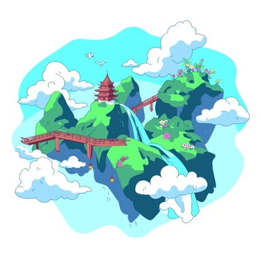 A series of majestic floating islands is situated in the sky, each island covered in rich green foliage and dotted with vibrant flowers. Waterfalls cascade from the edges of the islands, flowing down into clouds below, with mist rising from the falls. Bridges made of sturdy wooden planks connect the islands, and small lanterns hang along the railings, softly glowing. The sky is a gradient of blue and white, with fluffy clouds drifting lazily around the islands. Small birds can be seen flying between the islands, adding life to the scene.