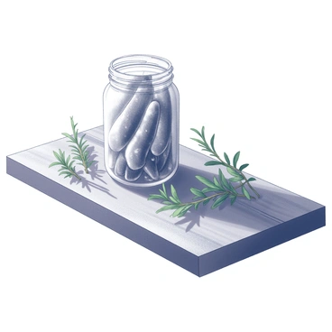 A rustic wooden kitchen table with a rough texture and visible grain patterns. On top of the table, there is a glass jar filled with salted anchovies, the contents visible through the transparent sides of the jar. Surrounding the jar are several sprigs of fresh herbs, such as thyme and rosemary, adding a natural element to the scene. The lighting creates soft shadows, enhancing the warmth of the wooden surface.