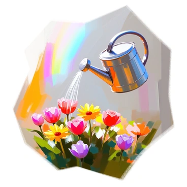 A metal watering can is elevated, tilting as it pours a stream of water into a vibrant flower bed below. The water arcs gracefully, transforming into a brilliant rainbow as it descends. The flower bed is filled with a variety of colorful blooms, including red roses, yellow daisies, and purple tulips, all thriving in rich green foliage. The sunlight catches the droplets of water, enhancing the colors of the rainbow and the flowers, creating a cheerful and lively scene.