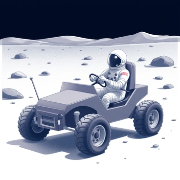 An astronaut in a full space suit is seated in a lunar rover, also known as a moon buggy. The vehicle has large, rugged wheels designed for traversing rocky terrain. The astronaut is gripping the steering wheel, focused on navigating the uneven surface. Surrounding the moon buggy is a vast, gray lunar landscape, dotted with craters and scattered rocks. In the distance, the horizon curves gently, revealing the barren terrain extending as far as the eye can see. The sky above is black and void of atmosphere, emphasizing the desolate beauty of the moon's surface.