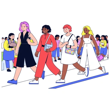 Several models are walking down a runway, each showcasing a unique fashionable bag. The first model is wearing a sleek black dress and carrying a large tote bag with gold accents. The second model sports a vibrant red jumpsuit and holds a small, structured handbag with a geometric design. A third model features a flowing white gown paired with a stylish crossbody bag adorned with colorful patterns. The runway is illuminated with bright lights, and the background shows an audience of fashionable onlookers.