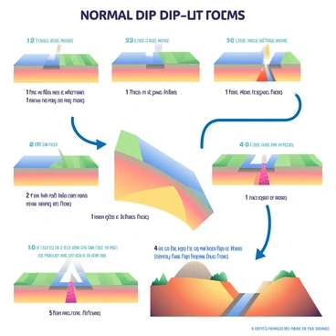 An illustration shows the step-by-step process of how a normal dip slip fault forms over time. The first frame highlights two tectonic plates moving apart, creating tension between them. The second frame depicts the lower plate gradually sinking as the upper plate remains stable, illustrating the initial stages of fault development. The third frame captures the accumulation of stress at the fault line, leading to fractures appearing in the rock. The fourth frame shows the visible offset between the two plates, with the lower plate having dropped down, creating a distinct fault plane. In the final frame, the landscape around the fault is depicted, showing signs of erosion and displacement due to the faulting process. Each frame is clearly labeled to indicate the progression of the fault formation.