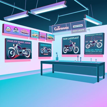 A collection of colorful vintage motorcycle signs and posters hanging on the walls of a spacious garage. Each sign features different motorcycle brands and designs, showcasing iconic logos and retro graphics. The posters depict classic motorcycles in dynamic poses, with bold typography announcing various events and brands. The garage has a polished concrete floor, and there are tools neatly arranged on a workbench. Bright overhead lights illuminate the vibrant colors of the signs, creating an energetic atmosphere.