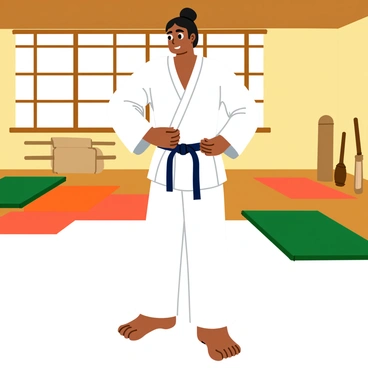 A practitioner wearing a traditional aikido gi is tightening their black belt with focused determination. The practitioner stands in a well-lit dojo with wooden floors and paper-covered windows. Their hair is tied back neatly in a bun, emphasizing their concentration. The gi is crisp and white, contrasting with the dark belt. Around them, various training mats and wooden weapons can be seen neatly arranged. The atmosphere conveys readiness and discipline as they prepare for their aikido training session.