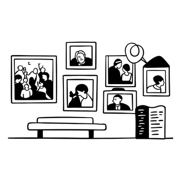 A gallery wall featuring multiple black-and-white framed photographs documenting significant moments in "Nelson Mandela's" life. Each frame is arranged neatly, with varying sizes creating an intriguing layout. The images include "Mandela" surrounded by supporters during his release, "Mandela" speaking at a podium with an outstretched arm, and a portrait of "Mandela" sharing a moment with children. An informational plaque stands next to the wall, detailing his achievements and contributions. The surrounding area includes a simple bench for viewers to sit and reflect on the images displayed.