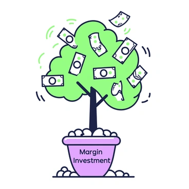 A potted tree is positioned centrally in the image. The tree has a sturdy trunk and branches that extend outward, adorned with numerous banknotes as leaves. The banknotes are various denominations, clearly visible and fluttering slightly in the breeze. The pot at the base of the tree is circular and prominently displays the words "Margin Investment" in a clear font. Surrounding the pot, there are small pebbles for decoration, adding texture to the scene. Light casts gentle shadows, enhancing the three-dimensional appearance of the tree and pot.
