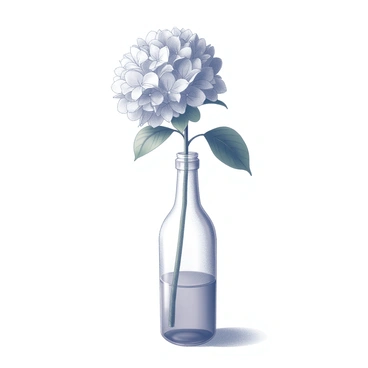 A single hydrangea stem with lush green leaves attached stands upright in a transparent glass bottle. The bottle has a smooth surface and a narrow neck, providing support for the stem. The hydrangea features a spherical cluster of blooms, densely packed and round in shape. The translucent glass of the bottle allows light to pass through, casting subtle shadows on the surface beneath it. The setting is minimalistic, focusing attention on the beauty of the hydrangea and its elegant presentation within the glass.