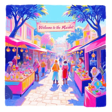 A bustling market scene in an anime fantasy setting is filled with colorful stalls. Each vendor displays a variety of exotic items, such as shimmering potions in glass bottles, intricate jewelry with glowing gemstones, and handwoven fabrics with intricate designs. People of different races, including elves, dwarves, and humans, are interacting, exchanging goods and animated conversation. Tall trees with vibrant leaves provide shade over the paths, and colorful banners flutter in the breeze, adding to the lively atmosphere. The ground is cobbled, with various characters showcasing their wares. Brightly colored fruits and vegetables are piled high on one stall, while another features mysterious artifacts and curiosities. "Welcome to the Market" is written on a large sign above the main entrance.