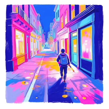 An operator dressed in a dark uniform is walking through the streets at night. The streets are lined with tall buildings, their facades glowing with bright neon lights in various colors, including pink, blue, and green. The operator is wearing a headset and carrying a flashlight that beams a narrow light. Shadows are cast on the pavement, creating a sense of depth. A few scattered puddles reflect the vibrant colors of the neon lights. The atmosphere feels tense yet alive, with faint echoes of distant city sounds.