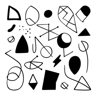 A collection of various geometric shapes arranged in a pattern, including triangles, circles, and squares. Each shape is outlined distinctly with black lines, creating a cohesive design. The shapes are interconnected by thin lines, forming a network of patterns that flow seamlessly together. Some shapes overlap, adding depth to the composition. The background remains blank, emphasizing the intricate line work of the geometric arrangement.