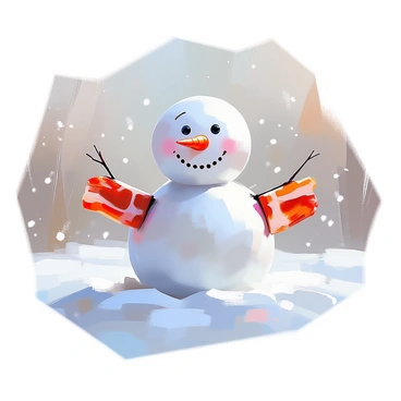 A snowman with a round body made of freshly packed snow is standing in a snowy field. Its arms are creatively made of crispy, cooked bacon strips extending out from its sides. The snowman has a vibrant orange carrot serving as its nose, pointed outward. The snowy field is covered in a thick layer of soft, white snow, dotted with a few snowflakes gently falling from the gray sky above. In the background, there are faint outlines of snow-covered trees, enhancing the wintery scene.