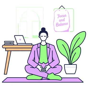 A professional wearing a tailored suit is sitting cross-legged on a yoga mat in a calm corner of an office. The individual has closed eyes, with hands resting on the knees in a meditative pose. A potted plant with large leaves stands to their right, while a wooden desk is visible in the background cluttered with papers and a laptop. Soft light filters in through a nearby window, casting gentle shadows on the floor. A motivational poster with the text "Focus and Balance" hangs on the wall behind the professional.