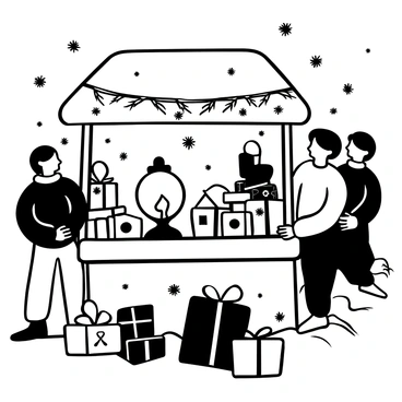 An oil lamp casting a warm glow sits on a wooden table, illuminating a variety of handmade crafts displayed for sale. The stall is adorned with festive decorations, including garlands made of evergreen branches and small hanging ornaments. Surrounding the stall are blurred figures of shoppers browsing through the market, bundled in winter clothing. Snowflakes gently fall in the background, adding to the atmosphere of the bustling winter market. The ground is covered with a thin layer of snow, and there are wrapped gifts scattered around the stall.