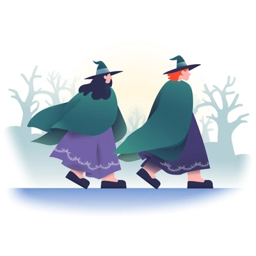 Two witches are walking across a foggy, haunted moor at dawn. The first witch has long, flowing black hair and is wearing a dark green cloak that billows slightly in the breeze. The second witch has short red hair and is dressed in a deep purple gown with silver embroidery. Both witches have pointed black hats that cast shadows over their faces. The moor is covered in a thick layer of fog, obscuring the ground and giving the scene an eerie atmosphere. In the background, ghostly silhouettes of twisted trees emerge from the mist, their branches reaching toward the sky. A pale light of dawn breaks through the fog, illuminating the witches’ path.