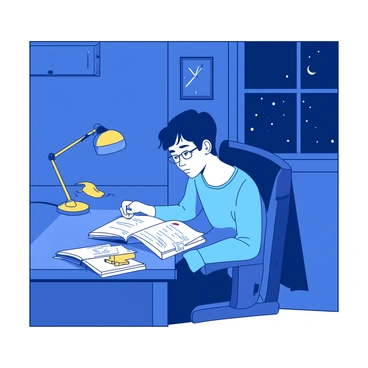 A student is sitting at a wooden desk in a dimly lit room, focused on revising. The student has short black hair and is wearing glasses. A small yellow desk lamp is on, casting a warm glow over a stack of open books and scattered notes on the desk. The walls of the room are painted in a deep blue, and there is a clock on the wall showing the late hour. A cozy blanket is draped over the back of a chair, and a window partially reveals a dark night sky outside with faint stars visible.