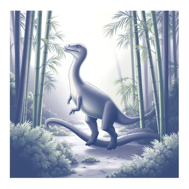 An iguanodon is seen actively feeding on bamboo shoots. Its long neck extends towards the dense cluster of green bamboo, with its powerful beak gripping a shoot. The setting features a lush forest filled with various tall trees and thick underbrush. Sunlight filters through the leaves overhead, casting intricate shadows on the forest floor. Surrounding the iguanodon are ferns and small shrubs, creating a rich and vibrant ecosystem. The scene captures the dinosaur in a natural and lively pose, engaged in its feeding behavior within the forest.