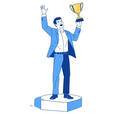 A man in a blue suit is standing proudly on a white podium. He is holding a shiny gold trophy high above his head with his right hand. In his left hand, he is gently holding a single tear that is glistening in the light. The man's expression shows a mix of joy and emotion as he gazes into the audience. The background features soft lighting that highlights the podium and the man, creating a focus on his triumphant moment.