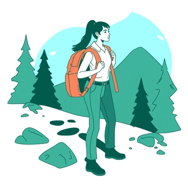 A teal woman is standing on a rocky trail, adjusting her orange backpack that is slung over her shoulders. She is wearing a light shirt and sturdy hiking pants, with her hair tied back in a ponytail. In the background, there are tall green trees and a clear blue sky. She is looking ahead with determination, ready for the hiking adventure. The sunlight casts soft shadows on the ground, adding depth to the scene.