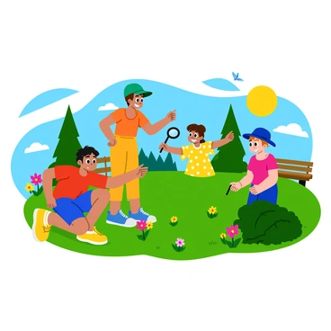 A group of four children, two boys and two girls, are actively searching for hidden items in a bright and sunny park. The first boy, wearing a red t-shirt and blue shorts, is crouched down near a colorful flower bed, inspecting the ground with excitement. The second boy, dressed in a green cap and orange shirt, is looking under a large leafy bush. One girl, wearing a yellow dress with white polka dots, holds a magnifying glass while scanning the grass, and the other girl, in a blue hat and pink shirt, points excitedly towards a tree. The sun is shining brightly, creating playful shadows on the grass, and there are small butterflies fluttering around them. In the background, there are tall trees and a wooden bench, adding to the lively park atmosphere.